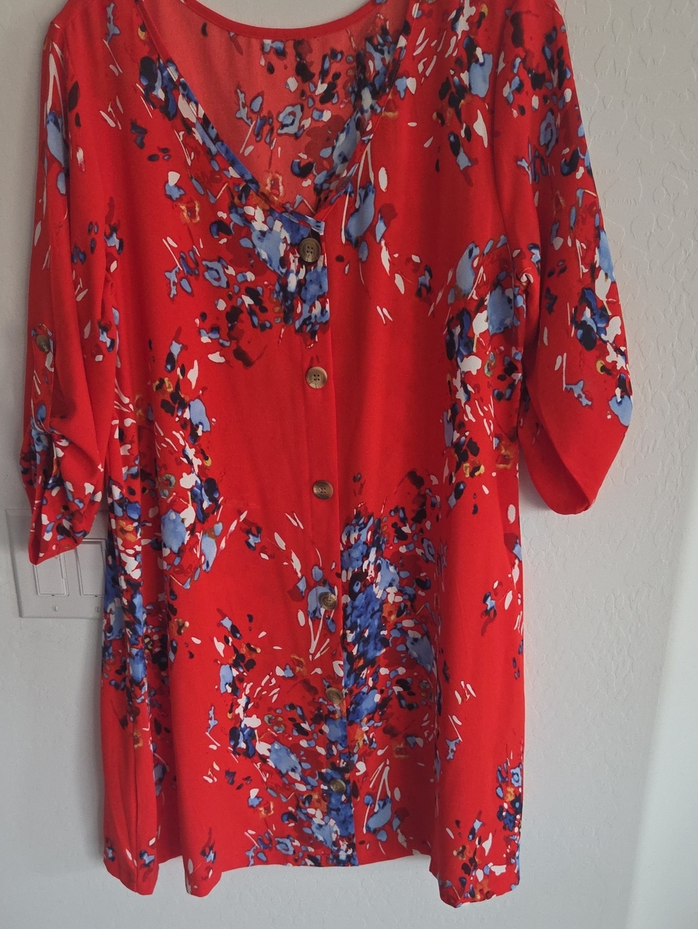 Red Floral Button-Front Women’s Dress